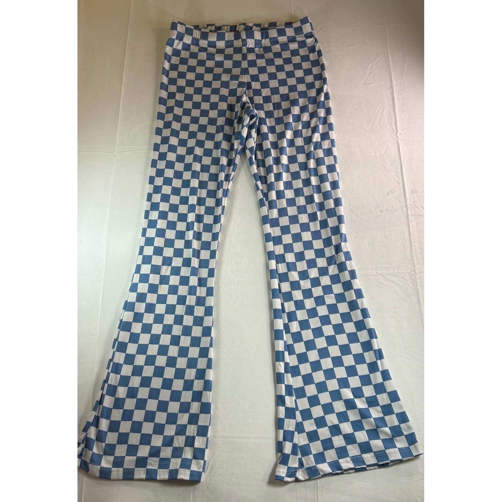 Sweet Women Blue White Checkered Flare Leg Pants High Waist Retro Size M